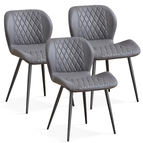 Dining Chairs Set of 3, Comfy Modern Dining Chairs with Thick Cushions, Upholstered Fabric Kitchen Side Chairs with Adjustable Metal Legs for Dining Room (Dark Grey) - color: Dark Grey, size: Set of 3