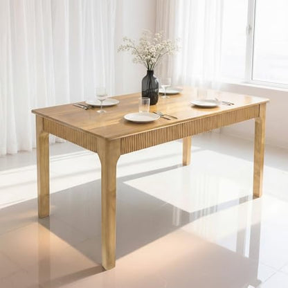 55" Solid Wood Dining Room Table,Rectangular Kitchen Real Wooden Table | 4-6 Person Modern Farmhouse Mid Century Fluted Design Furniture Desk for Home,Small Space,Apartment,Living Room Nature - color: Nature, size: 55" L x 29" W x 29" H
