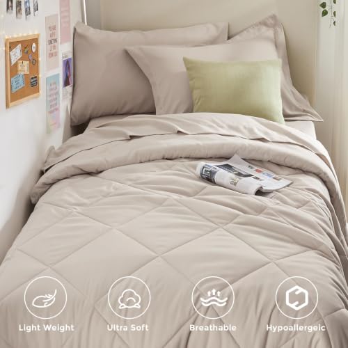 5-Piece Twin Comforter Set, Beige | Reversible, All-Season, Soft, 5 Piece Set, All-Season Reversible Bed in a Bag, Flat Sheet, Fitted Sheet, Pillowcases - color: Beige, size: Twin