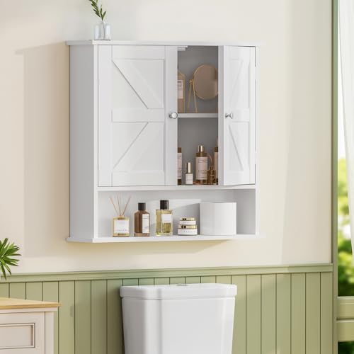 Bathroom Wall Cabinet, Bathroom Cabinet with Barn Doors & Adjustable Shelf, Over The Toilet Storage Cabinet, Medicine Cabinet, White UNGGX001WV1 - color: White, size: 5.1"D x 21.6"W x 23.6"H