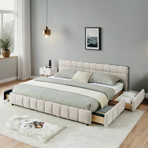 Chenille Upholstered Bed Frame with 4 Storage Drawers, Modern Grounded Platform Bed, Recessed Inset Design, Soft Headboard, No Box Spring Needed (Beige, California King) - color: Beige, size: California King