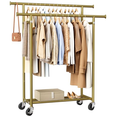 HYSEYY Clothes Rack, Double Rods Rolling Clothing Rack for Hanging Clothes, Portable Garment Rack with Wheels, Coat Rack Wardrobe Closet Load 240 LBS for Bedroom Laundry Room (Glod, L) - color: Glod, size: L