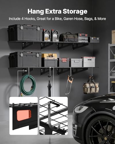 VEVOR 2-Pack Heavy Duty Garage Wall Shelving, 2 x 6 ft Steel Wall Mounted Shelving Unit with Hooks, 24 x 72 Inch Per Shelf Floating Storage Metal Rack, 1000 lbs Total Weight Capacity - size: 2×6 ft