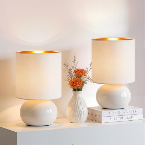 Hamucd Ceramic Table Lamps Set of 2, Modern Classic Bedside Lamps for Nightstand, Small Table Lamp for Bedroom Living Room Desk End Table (White) - color: White