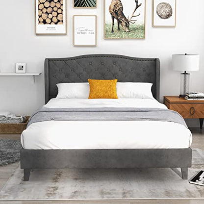 Upholstered Queen Bed Frame w/Wood Slats & Noise-Free EVA Foam | Velvet Mattress Foundation, Button Tufted Wingback Headboard, No Box Spring Needed, Low Platform Bed Frame - size: Queen (U.S. Standard)