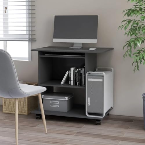 Rolling Computer Desk with Keyboard Tray & Shelves, Gray | Features a compact 31.5 x 19.7 x 29.5 in engineered wood design, saving space in home offices. - color: Grey, size: Compact