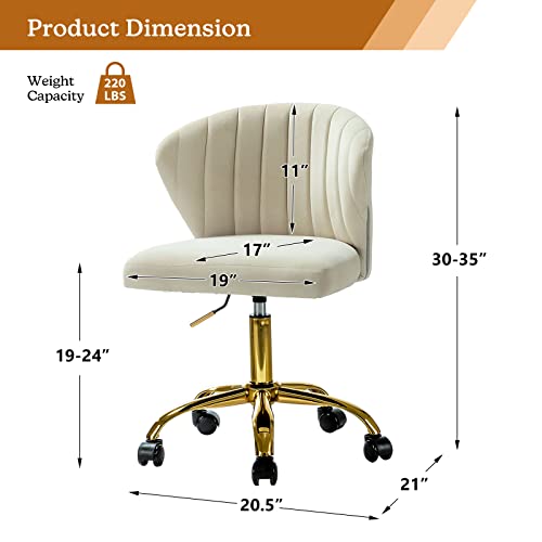 TINA'S HOME Office Desk Chairs with Wheels & Gold Base, Modern Velvet Cute Armless Office Chair, Adjustable Low Back Swivel Rolling Chair, Upholstered Task Chair for Living Room Vanity Study-TAN | Modern Velvet Cute Armless Office Chair, Adjustable Low Ba