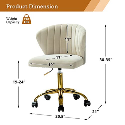 TINA'S HOME Office Desk Chairs with Wheels & Gold Base, Modern Velvet Cute Armless Office Chair, Adjustable Low Back Swivel Rolling Chair, Upholstered Task Chair for Living Room Vanity Study-TAN | Modern Velvet Cute Armless Office Chair, Adjustable Low Ba