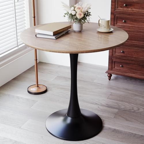 HRVEOCEI 31.5" Tulip Table, Small Round Dining Table with Thickened Tabletop & Metal Pedestal, Bistro Tables for Small Spaces Kitchen Dining Room Living Room (Walnut+Black) - color: Walnut+black