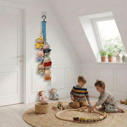 Plush Doll Hanging Storage Rope Display Rack with 8 Clips – Wall Hanging Organizer for Keychain Plushies, Mini Toys– Holds up to 3kg (Blue) - color: Blue