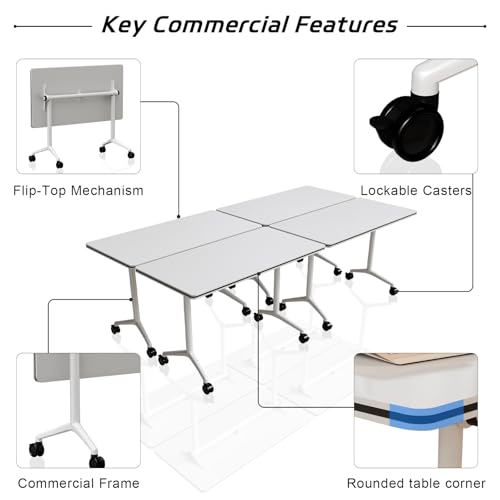 Folding Conference Table with Wheels Set of 6, Modular Conference Room Table for 6-12 Person Meetings, Flip Top Rolling Training & Classroom Tables, Nesting Office Tables - color: White, size: 55.1 in