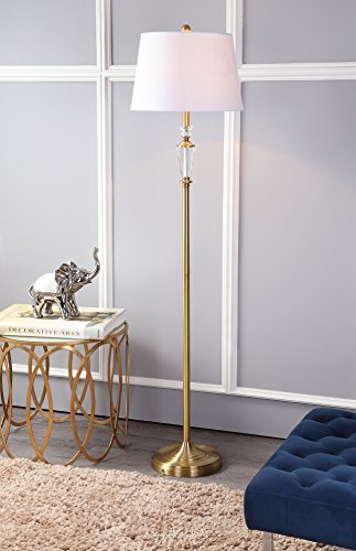 JONATHAN Y Acadia Floor Lamp 61" Crystal Metal, Brass Gold/Clear | Traditional Slender Standing Light, White Linen Drum Shade, for Living Room, LED Bulb Included