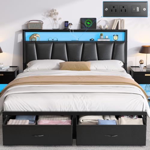 FreeHouse Queen Bed Frame with 2-Tier Storage Headboard and 2 Drawers,Black | Upholstered Platform Bed with Charging Station & LED Lights,Fabric Drawers,Metal Slats, No Box Spring Needed, Noise-Free, - color: Black, size: Queen