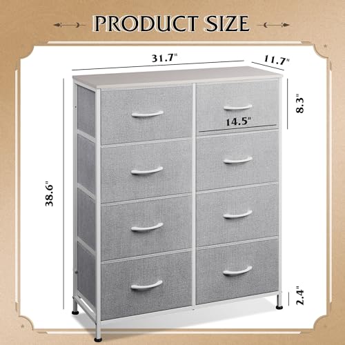 WLIVE Fabric Dresser for Bedroom, Tall Dresser with 8 Drawers, Storage Tower with Fabric Bins, Double Dresser, Chest of Drawers for Closet, Playroom, Dormitory, Light Grey | 8-drawer tall storage tower with fabric bins and wood tabletop, breathable non-wo