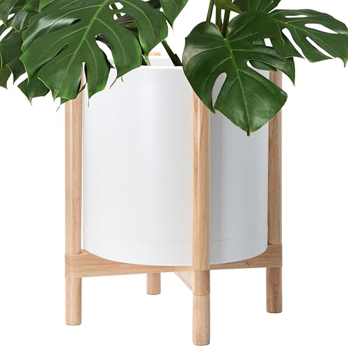 D'vine Dev Plastic Pot with Natural Wood Stand, White, 16 in, 55-C-Y-1 | Mid-Century Inspired Design, Elevated Plant Display, Clean Lines, Sturdy Support, Modern Space-Saving Style - color: Matte White Pot + Natural Stand, size: 16 Inch