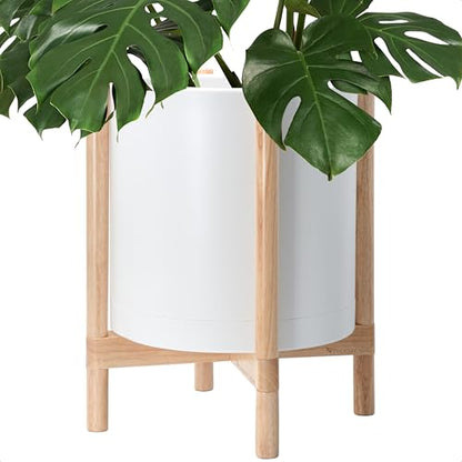 D'vine Dev Plastic Pot with Natural Wood Stand, White, 16 in, 55-C-Y-1 | Mid-Century Inspired Design, Elevated Plant Display, Clean Lines, Sturdy Support, Modern Space-Saving Style - color: Matte White Pot + Natural Stand, size: 16 Inch