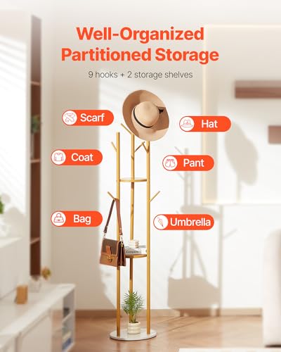 VEVOR Coat Rack, Freestanding Coat Rack Stand with Quartz Stone Base & 9 Hooks, Free Standing Hall Coat Tree for Entryway, Bedroom, Office, Living Room, Modern Clothes Hanger for Coat, Hat, Scarf, Bag - style: with Storage Board