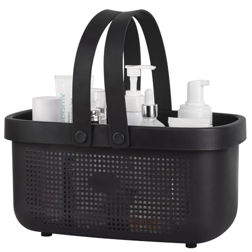 Portable Shower Caddy Basket with Handles Plastic Storage Basket Black | Sturdy Drainage Large Capacity Organizer Basket with Silicone Handles for Bathroom Kitchen Bedroom College Dorm Essentials - color: Black, size: Large