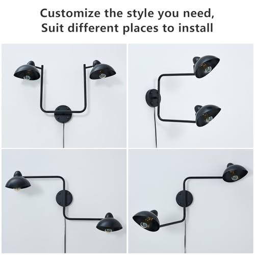 Adjustable Black Swing Arm Wall Sconce, 2-Light Plug in Wall Lamps with ON/Off, Rotatable Metal Dome Shades Wall Mount Lighting Fixture for Living Room Bedroom Study - color: Black-B 2-Lights