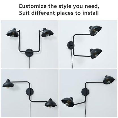 Adjustable Black Swing Arm Wall Sconce, 2-Light Plug in Wall Lamps with ON/Off, Rotatable Metal Dome Shades Wall Mount Lighting Fixture for Living Room Bedroom Study - color: Black-B 2-Lights