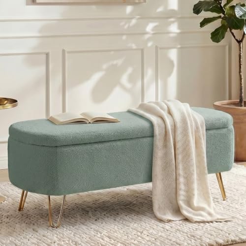 Modern Storage Ottoman Bench, Teddy Upholstered Entryway Bench with Gold Legs, Vintage End of Bed Bench with Safety Hinge, Padded Bench with Storage for Living Room, Bedroom, Entryway (Green) - color: Green