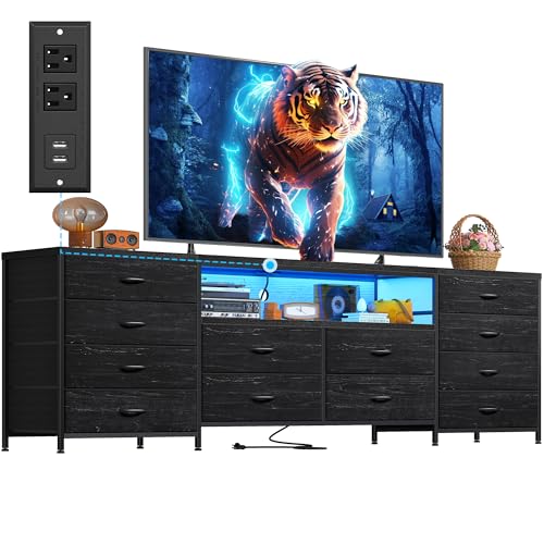 EnHomee 12 Drawers Dresser for Bedroom,TV Stand Fits 55/65/70 inch TVs | Entertainment Center with LED Lights & Power Outlets,Long Fabric Dresser with 2 Wood Shelves for Living Room,Black Wood Grain - color: Black Wood Grain