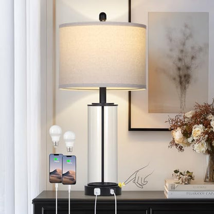 Ruzectt 26" Glass Table Lamp Single, 3-Way Dimmable Touch Control Living Room Lamp with USB C+A Ports & AC Outlet, Modern Bedside Lamps, Bedroom Lamps for Nightstand Side End Table Desk, Black-1PK - color: Black-1PK