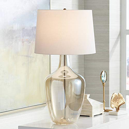 Ania 31" Large Table Lamp USB Dimmer Champagne Glass Jar Modern | USB Charging Port Clear Living Room Bedroom House Bedside Nightstand Office Off-White Tapered Drum Shade - color: Champagne Glass - USB Dimmer Included
