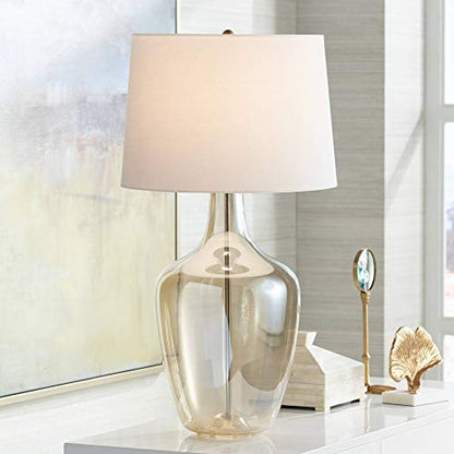 Ania 31" Large Table Lamp USB Dimmer Champagne Glass Jar Modern | USB Charging Port Clear Living Room Bedroom House Bedside Nightstand Office Off-White Tapered Drum Shade - color: Champagne Glass - USB Dimmer Included