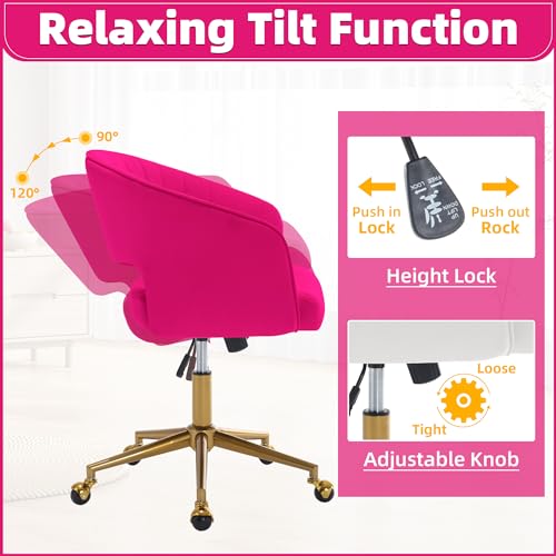 Desk Chair with Wheels, Gold Base, Velvet Accent Vanity Armchair, Hot Pink | Spacious‌ Soft Seat, Swivel Height Adjustable, Rocking Function, Modern Stripe for Girls &Women Bedroom Makeup or Nail - color: Hot Pink Velvet
