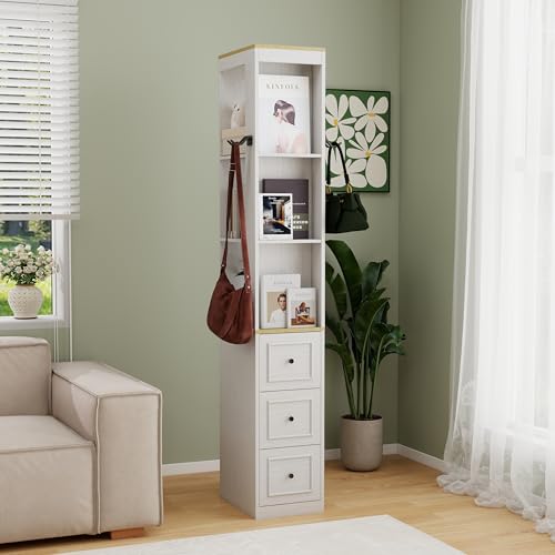 RASOO 73.03" CD Storage Tower, White Tall Narrow Bookcase Bathroom Storage Cabinet Media Tower Rack Multi-Functional Skinny Display Bookshelf with Drawers and Headphone Hook - size: RY0038
