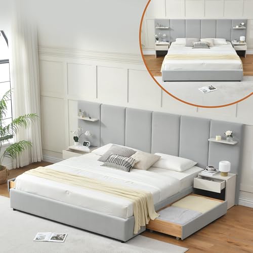 King Size Bed Frame with Storage & Built-in Nightstands & Drawers, Gray | Velvet Upholstered Platform Bed Frame & 6 Floating Storage Shelves, Noise-Free, No Box Spring Needed, Easy Assembly - color: Grey, size: King