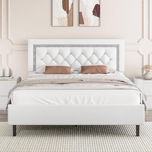 BarnFurin Full Size Bed Frame with Tufted Button Headboard, White | Upholstered Platform Bed Frame with Diamond Design, Wood Slat Support, No Box Spring Needed, Easy Assembly - color: White, size: Full
