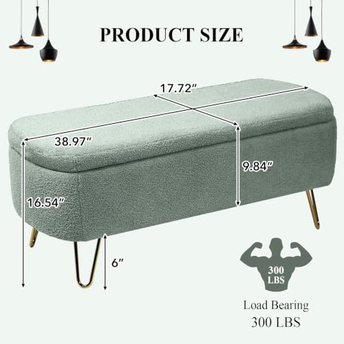 Modern Storage Ottoman Bench, Teddy Upholstered Entryway Bench with Gold Legs, Vintage End of Bed Bench with Safety Hinge, Padded Bench with Storage for Living Room, Bedroom, Entryway (Green) - color: Green