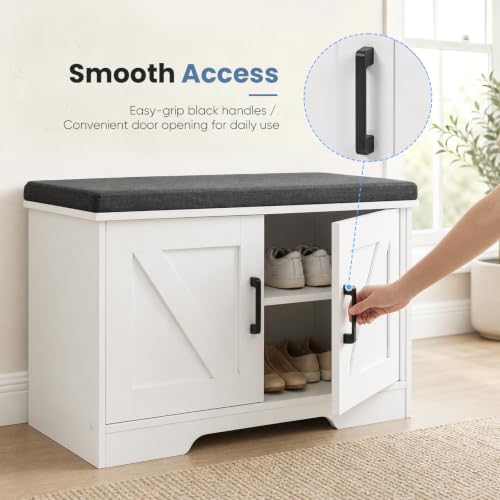 DUMOS 28" Shoe Storage Bench, Entryway Shoe Organizer Cabinet with Padded Seat Cushion, Adjustable Shelf and 2 Doors, Compact Storage Bench for Small Spaces, Hallway, Bedroom, Living Room, White - size: 28 inches