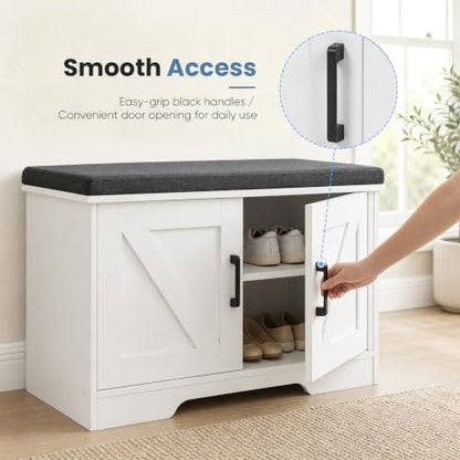 DUMOS 28" Shoe Storage Bench, Entryway Shoe Organizer Cabinet with Padded Seat Cushion, Adjustable Shelf and 2 Doors, Compact Storage Bench for Small Spaces, Hallway, Bedroom, Living Room, White - size: 28 inches