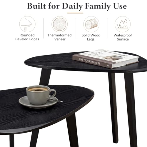 Nesting Coffee Table Set of 2-Mid Century Modern Coffee Table | Guitar Pick Stacking Tables with Solid Wood Legs,Small Coffee Tables for Small spaces,Living Room,Balcony - color: Black