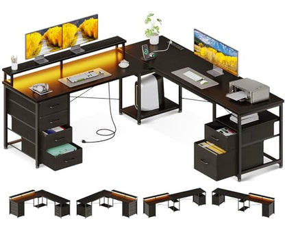 AODK 66" L Shaped Computer Desk, 113“ Reversible Home Office Desk with File Cabinet & 4 Fabric Drawers, Two Person Desk with LED Lights & Power Outlet, Corner Gaming Desk with Monitor Shelf, Black | Desk with File Cabinet & 4 Fabric Drawers, Monitor Shelf