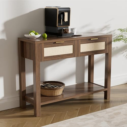Boho Chic Console Table with 2 Rattan Drawers and Open Shelf Storage, Narrow Farmhouse Sofa Table for Small Space Entryway, Living Room,Hallway,Walnut - color: Walnut