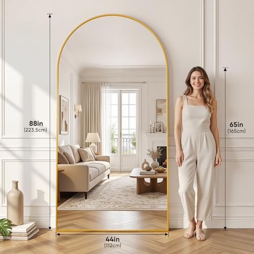 44"×88" Arched Full Length Floor Mirror, Standing Mirror with Aluminum Frame, Large Body Mirror of Free Standing/Wall Mount/Leaning for Bedroom, Living Room, Dressing Room, Gold - color: Gold, size: 88"L x 44"W