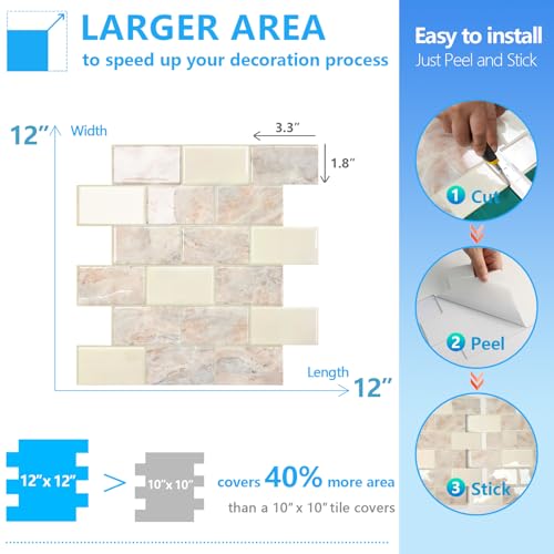 STICKGOO Subway Tile Peel and Stick Backsplash, Thicker Design 12" x 12" Stick on Backsplash Tiles for Kitchen, Bathroom, Wall Tile (10 Sheets, Brown Marble Look) - color: Brown