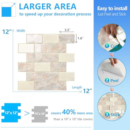 STICKGOO Subway Tile Peel and Stick Backsplash, Thicker Design 12" x 12" Stick on Backsplash Tiles for Kitchen, Bathroom, Wall Tile (10 Sheets, Brown Marble Look) - color: Brown