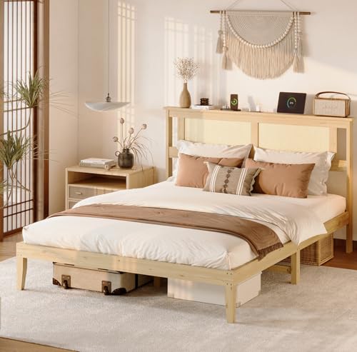 VINGLI Boho Queen Bed Frame with Rattan Headboard, Wooden Platform Bedframe with Charging Station and Underbed Storage for Bedroom,Solid Wooden Slats Surpport, Noise Free,Natural - size: Queen