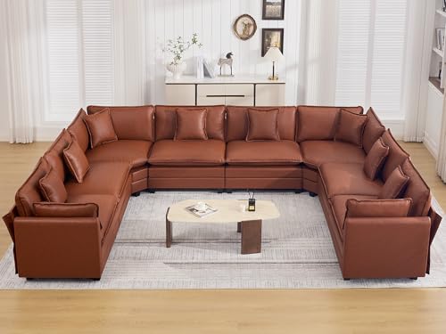 147'' Oversized U Shaped Cloud Sectional Sofa, Leather Deep Seat Couches for Living Room, Comfy Upholstered Modular Sectional Sofa Couch, Leather Brown - color: Pu-dark Brown, size: 147'' Oversized U Shape