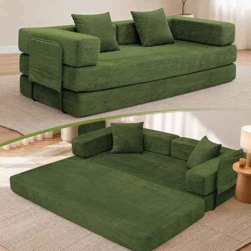 79" Boneless Sofa Bed, 5-in-1 Convertible Fold Out Corduroy Couch for 2 | Loveseat Sleeper with Fixed Support Frame, No Assembly Floor Sofa for Small Apartments, Living Room, Bedroom - color: Green