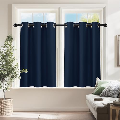 PONY DANCE Navy Blue Blackout Short Curtains for Kitchen, Room Darkening Half Window Treatment Energy Saving Privacy Grommet Drapes for RV Bathroom Basement(2 Panels, W 34 x L 36 inches) - color: Navy Blue, size: 34"W x 36"L (Pack of 2)