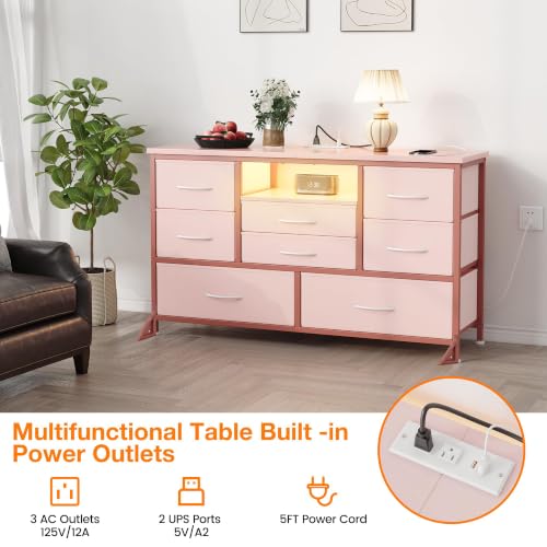 8-Drawer LED Dresser TV Stand with Power Outlet for 55'' TV - Wide Storage Chest for Bedroom, Living Room & Entryway, Wood Top Console Table with 22 Light Modes - color: Pink