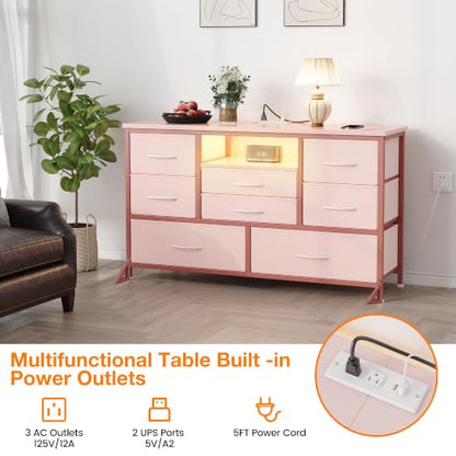 8-Drawer LED Dresser TV Stand with Power Outlet for 55'' TV - Wide Storage Chest for Bedroom, Living Room & Entryway, Wood Top Console Table with 22 Light Modes - color: Pink