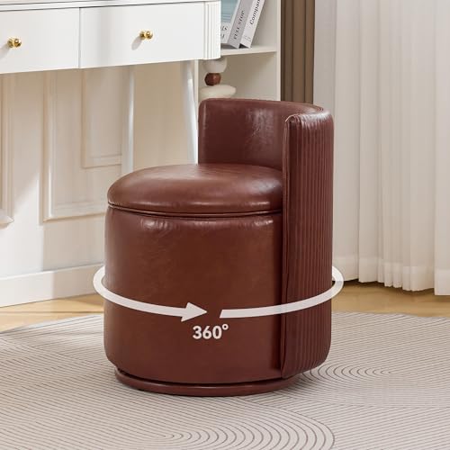 WUTUTUEE Leather Vanity Chair with Storage, 360° Swivel Makeup Chair with Pleated Back, No Assembly Small PU Accent Stool for Bedroom, Dressing Room, Living Room, Brown - color: Brown-pu, size: Regular