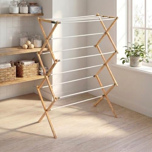 Household Essentials X-Frame Clothes Drying Rack, Stabile Wood Frame with Slanted Feet, Smooth Vinyl Wrapped Rods, 23.8 Feet of Hanging Space, Ready to Assemble, Flat Top, Natural - color: Natural/White Pine